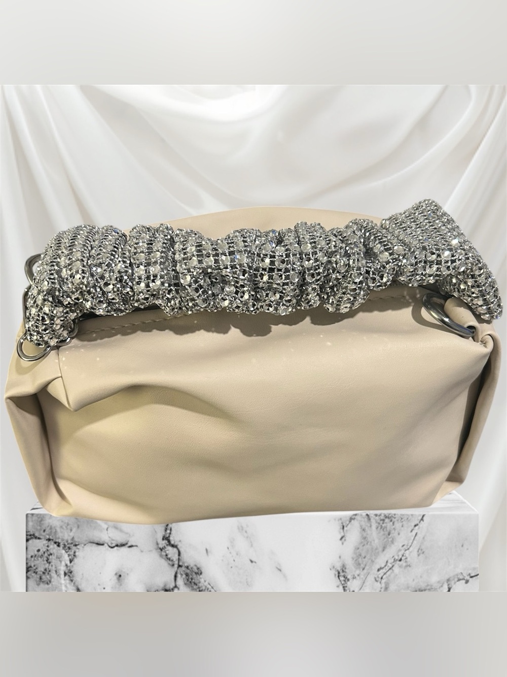 Neutral Cream Women’s Shoulder Bag with Crystal-Embellished Handle